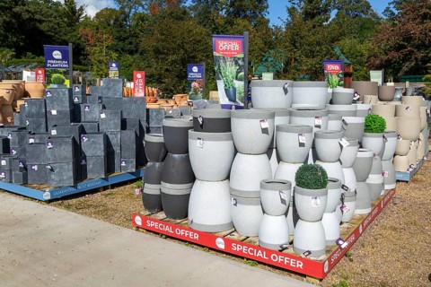 Variety of planter pots on display at Notcutts garden centre, Woodbridge, Suffolk, England, UK