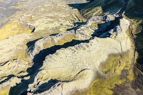 Moss-covered Laki crater or Lakagígar, series of craters, aerial view, interior highlands of