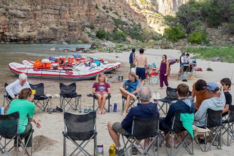 Dinosaur, Colorado, River rafters relax at their campsite on the Green River in Dinosaur National