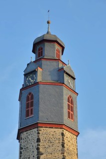 Tower of the Gothic St Mark's Church, church tower with slate roof, spire, Butzbach, Wetterau,