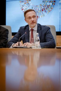 Christian Lindner (FDP), Federal Minister of Finance, photographed during the IMF press conference