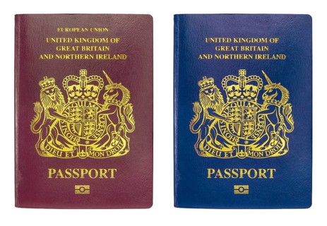 The Old Burgundy British Passport And The New Blue One Introduced After Brexit, Isolated On A White