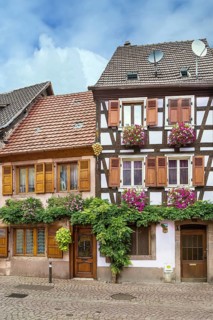 Street with historical houses in Ribeauville, Alsace, France, Europe