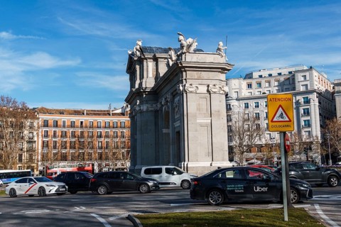Madrid, Spain, January 28, 2024: The Puerta de Alcala Neo-classical gate in the Plaza de la