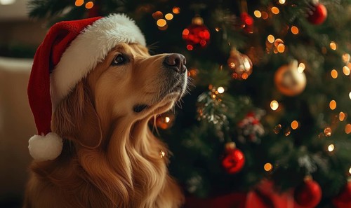 A dog wearing a Santa hat is looking at a Christmas tree. The dog is wearing a red hat and is
