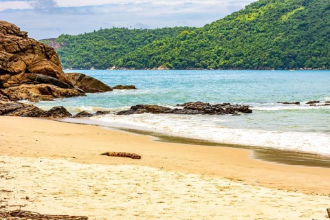 The sea between the beach, rocks and fully preserved rainforest in Trindade, Paraty district in Rio
