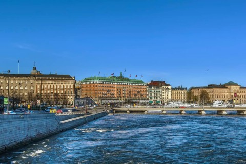 View of embankment in central Stockholm with Grand hotel, Sweden, Europe