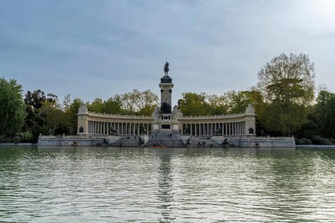 Madrid, Spain, 6 April, 2024: view of the Alfonso XII Monument in the El Retiro Park in downtown