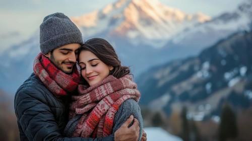 Content couple embracing warmly before a snow-covered mountain during sunset, AI generated