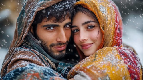 A romantic couple wrapped tightly in shawls, snowflakes falling, creating a cozy atmosphere, AI