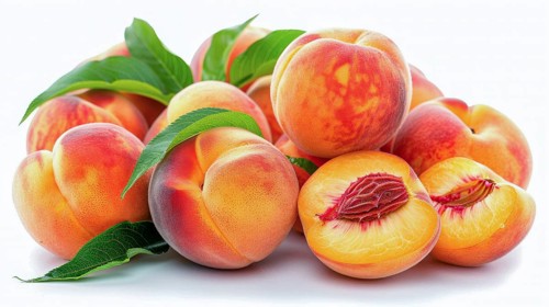 A pile of ripe peaches with leaves, featuring vibrant colors and freshness, AI generated