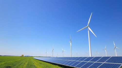 A vast landscape with wind turbines turning against a clear blue sky. In the foreground, solar