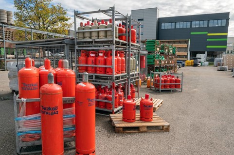 Red gas cylinders from Tyczka Energy, Allgäu, Bavaria, Germany, Europe