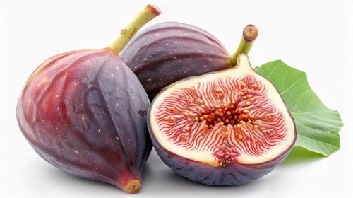 Close-up of ripe figs with a green leaf, one sliced to show inner details, AI generated