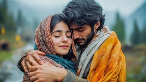 A couple in warm shawls embracing in an outdoor setting, expressing love and comfort, AI generated
