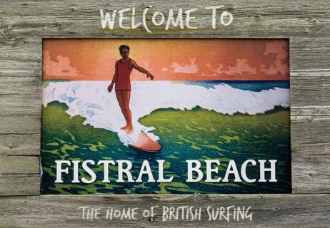 Newquay, United Kingdom, 4 Spetember, 2022: close-up view of painted wooden sign at Fistral Beach
