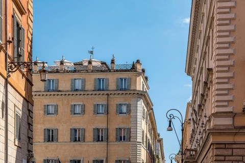 Rome, Italy, August 18, 2016: Low angle view of old buildings in historical centre of Rome a sunny