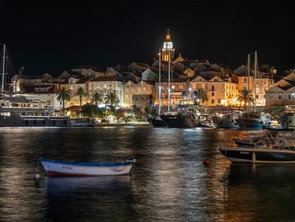 Ships in the harbour, night shot, Korcula, Korcula Island, Dalmatia, Croatia, Europe