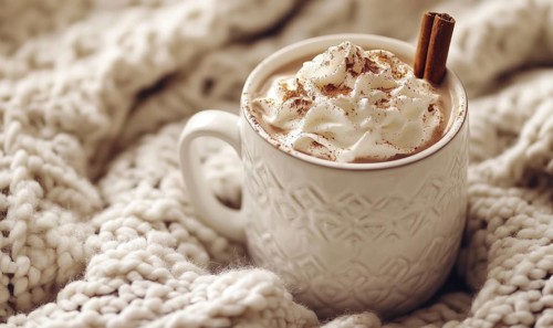 A white mug with whipped cream and cinnamon on top of a blanket. The image conveys a cozy and warm