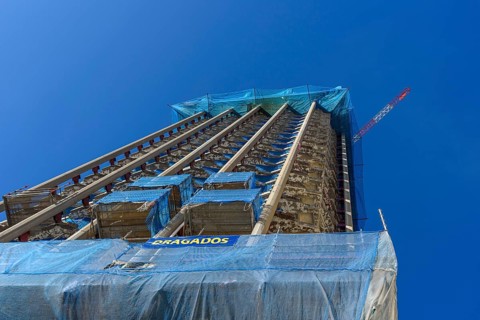 Madrid, Spain, February 14, 2021: Low angle view of Colon Towers under renovation. Nearly Zero