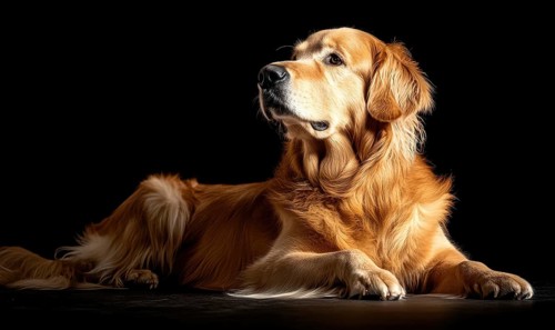 A golden retriever is laying on a black surface, looking up at the camera. The image has a calm and