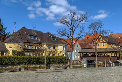 Embankment of Vils river in Amberg city, Germany, Europe