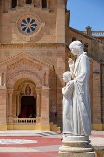 Marble statue of Mother and Child in front of the Basilica of the National Shrine of the Blessed