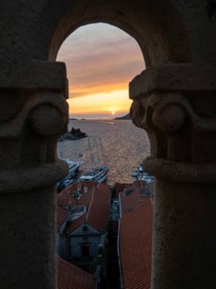 Cloudy mood at sunset by the sea, view from the bell tower, Korcula, Korcula Island, Dalmatia,
