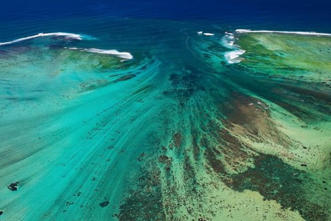 Underwater waterfall, optical illusion, natural phenomenon, aerial view, reef, coral reef, fringing