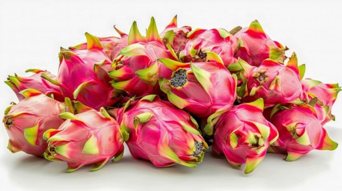 A pile of vibrant pink dragon fruits with green spikes on a white background, AI generated