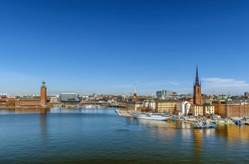 View of Riddarholmen and city hall from the Sodermalm island in Stockholm, Sweden, Europe
