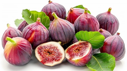 Whole and sliced purple figs surrounded by green leaves, highlighting freshness and ripeness, AI