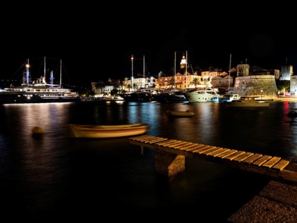 Ships in the harbour, night shot, Korcula, Korcula Island, Dalmatia, Croatia, Europe