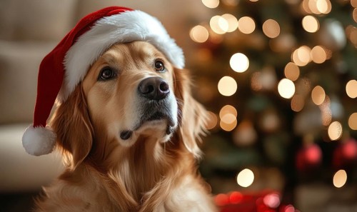 A dog wearing a Santa hat is standing in front of a Christmas tree. The dog appears to be looking