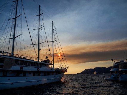 Evening atmosphere in front of sunset, sailing yacht, harbour of Korcula, island of Korcula,