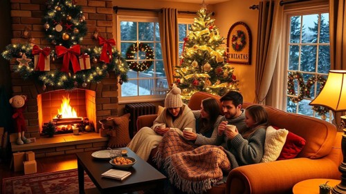 A warm, inviting living room decorated for the holidays, with a crackling fireplace and a