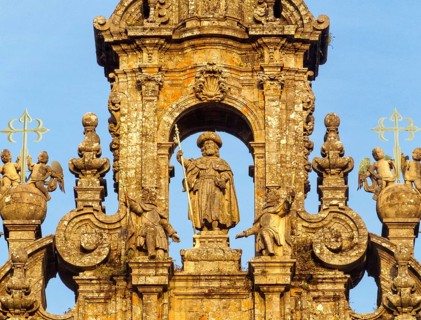 Sculpture of St. James the Apostle on top of the Western facade of the cathedral, Santiago de