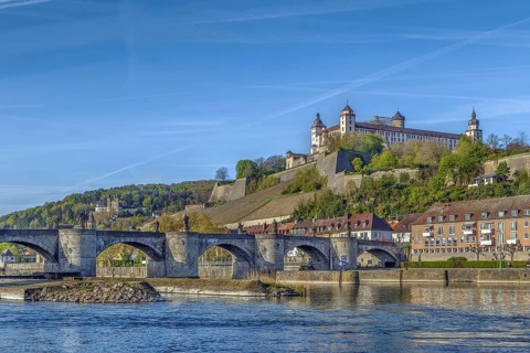 View of Marienberg Fortress with Alte Mainbrucke from main river, Wurzburg, Germany, Europe