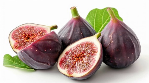 Purple figs with green leaves, shown whole and sliced, highlighting vivid colors, AI generated