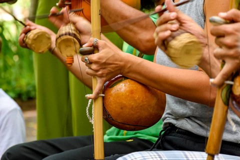 Several musicians playing an Afro Brazilian percussion musical instrument called the berimbau