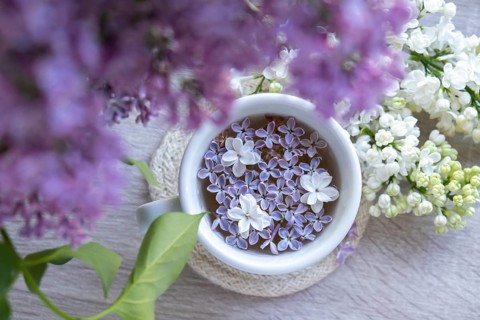 Tasty black tea in white cup on windowsill with aromatic lilac flowers. Spring composition Cup of