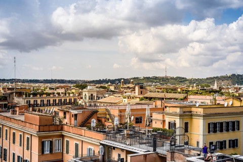 Rome, Italy, August 18, 2016: View of Rome from Piazza della Trinita dei Monti a sunny summer day,