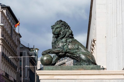 Madrid, Spain, February 24, 2024: Bronze Lion in the Congress of Deputies in Madrid, Europe