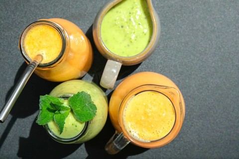 Seasonal Matcha green vegan smoothie with chia seeds and mint pumpkin carrot smoothie drink detox