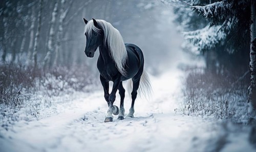 A black horse with white mane and tail is walking on a snowy path. Concept of calmness and