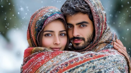 A couple sharing a moment of closeness in the snow, enveloped in colorful shawls, AI generated