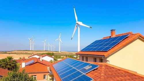 A sunny landscape with wind turbines gently turning in the wind and solar panels installed on