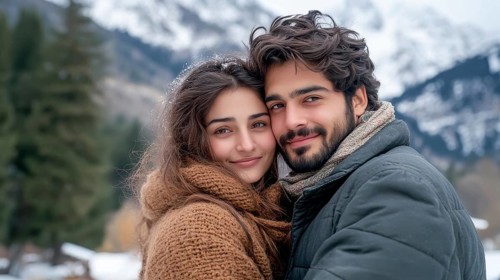 Couple in scenic snowy location, dressed warmly, radiating natural beauty and connection, AI