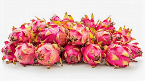 A vivid arrangement of dragon fruits with pink skin and green tips on a white background, AI