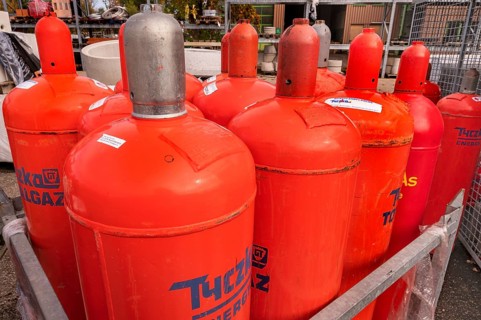 Red gas cylinders from Tyczka Energy, Allgäu, Bavaria, Germany, Europe